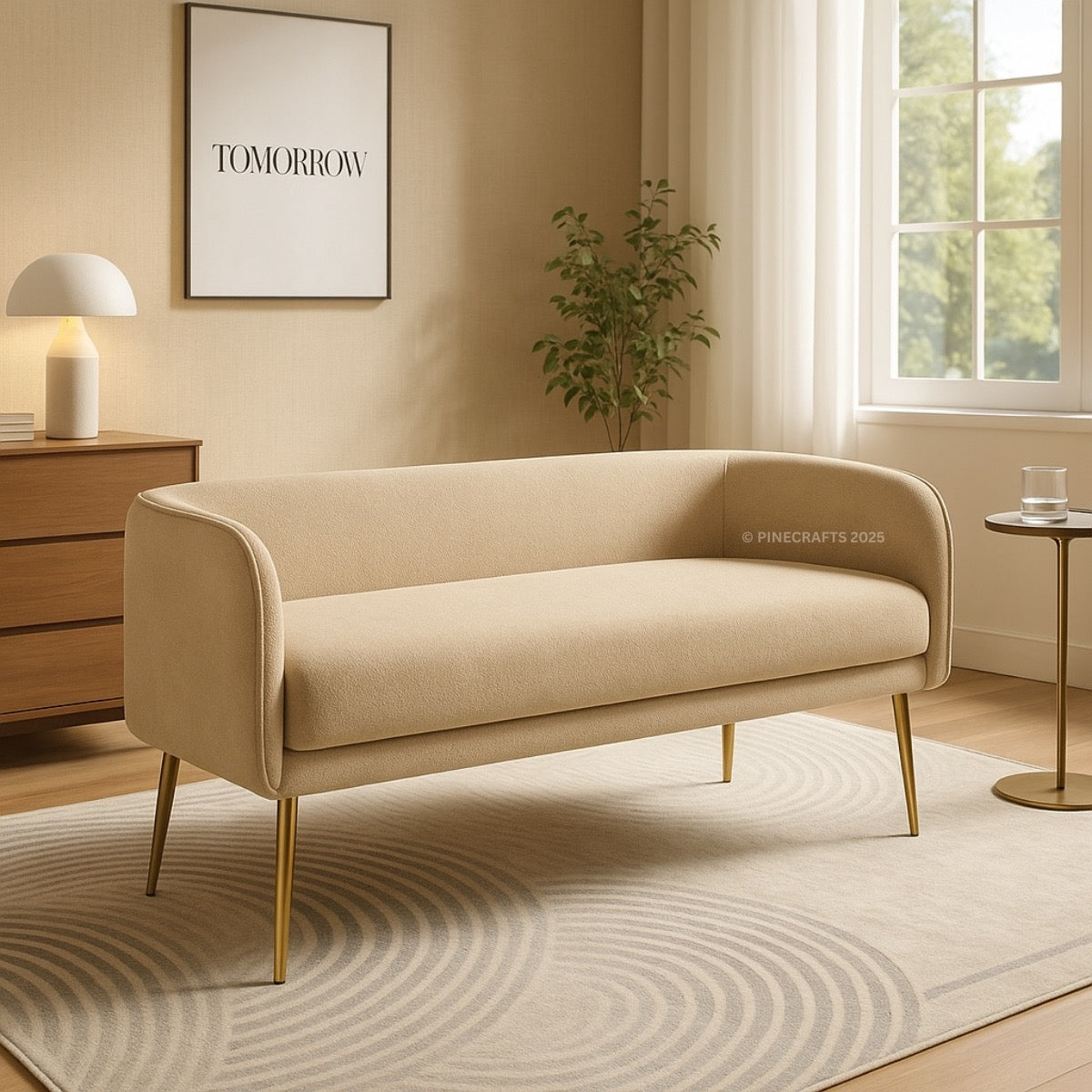 Beige sofa in a living room with a window, plant, and framed picture on the wall.